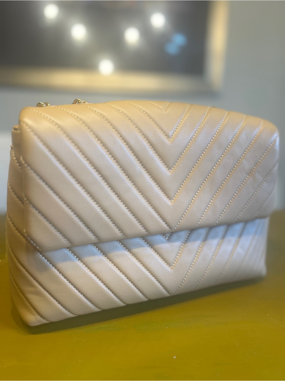 Quince Quilted Chevron Shoulder Bag in Beige